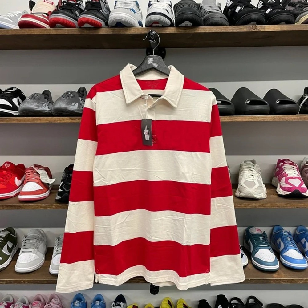 Red and White Striped Long Sleeve Polo rugby Shirt